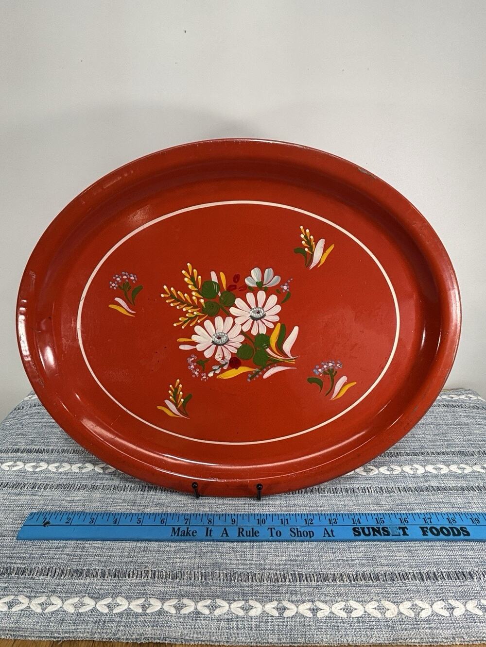 Vintage Red Hand Painted Floral Toleware Oval Metal Tray 19 Cottagecore Folk Art